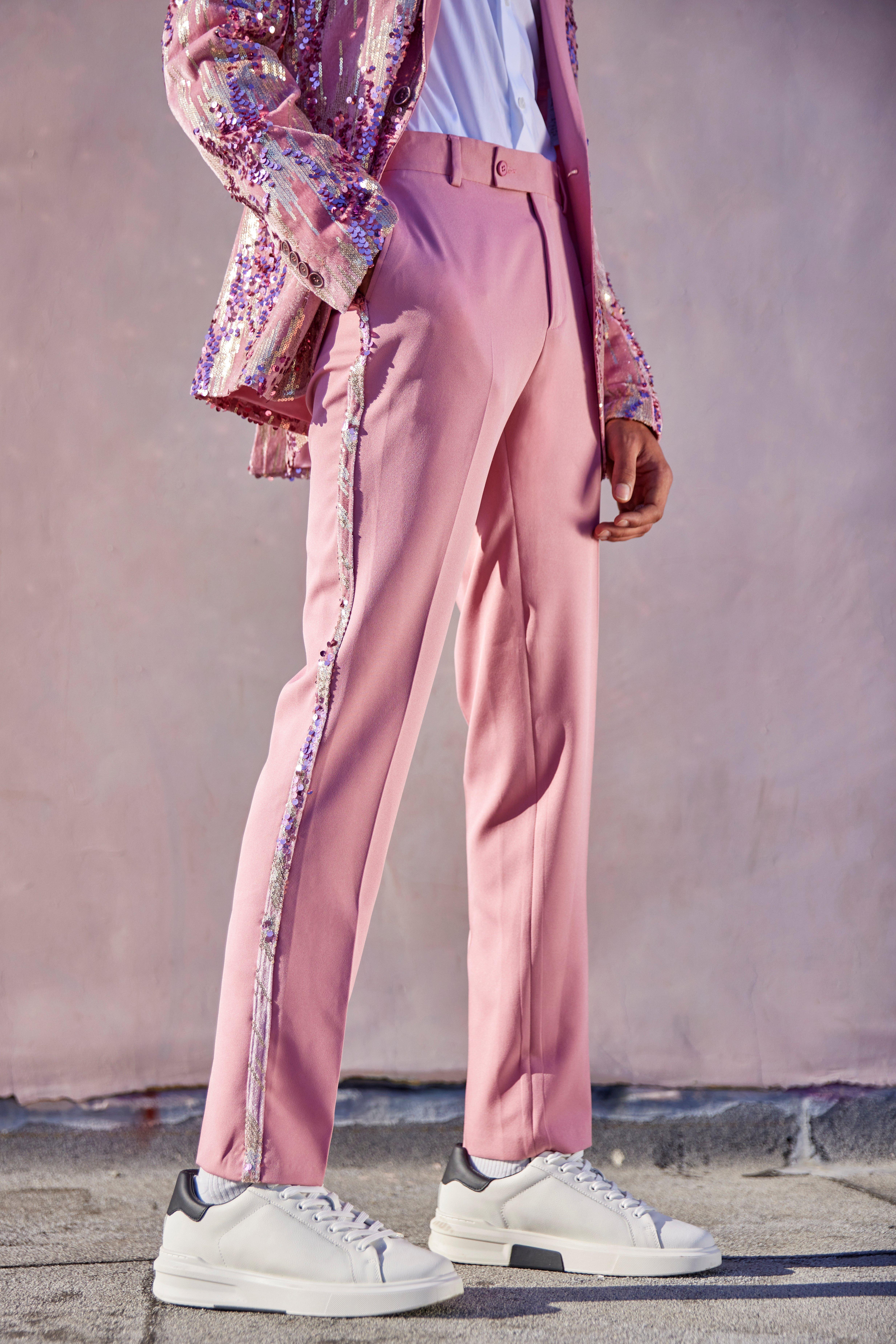 Skinny Pink Sequin Suit | boohooMAN USA